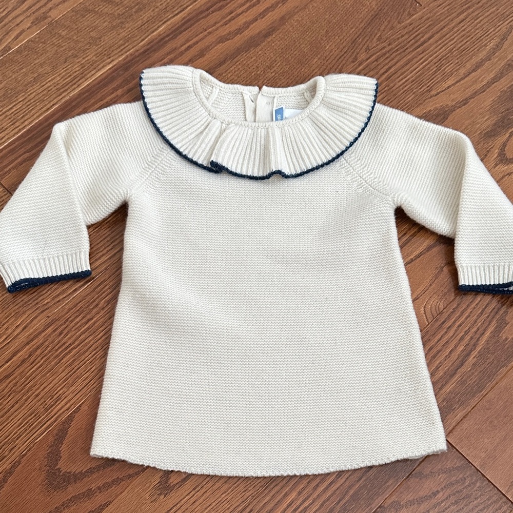 Jacadi 12m wool Cream Knit Baby Dress with Navy Trim